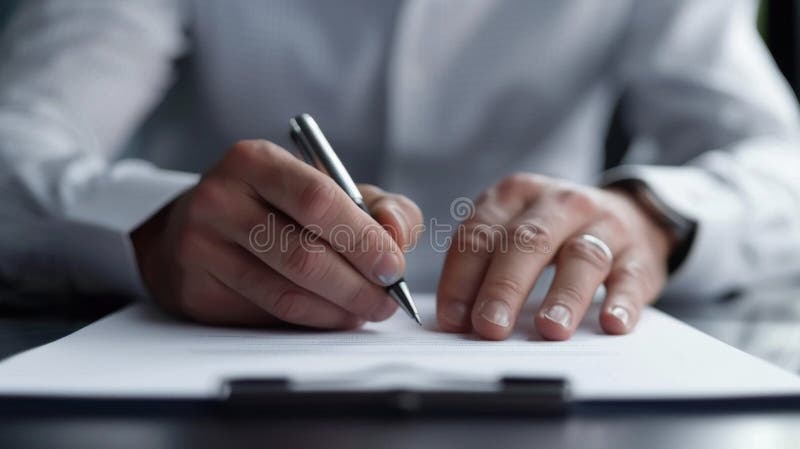 签订协议合同. 年轻人填写财务文件签署合同保险投资 库存照片