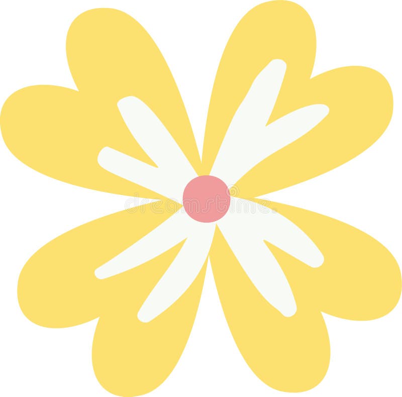简单的平面矢量图，以鲜艳的黄色花为例，花上精致的白色花瓣和迷人的粉红色 向量例证