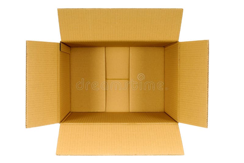 Top view of an open plain brown blank empty cardboard box isolated on white background, copy space. Top view of an open plain brown blank empty cardboard box isolated on white background, copy space