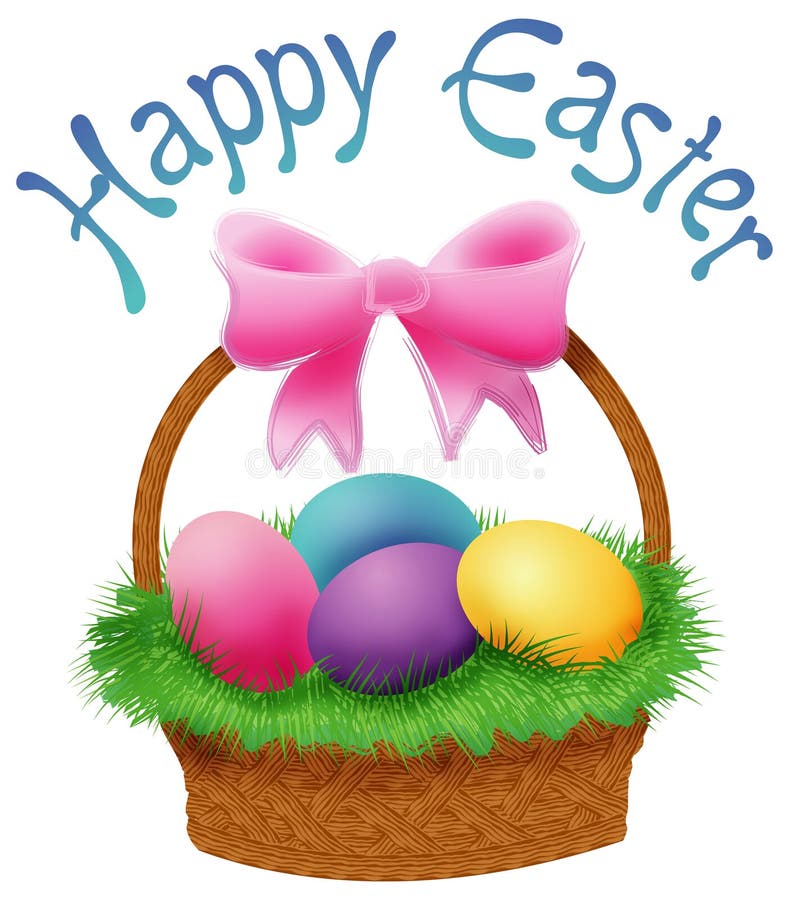 Illustration of an Easter basket with dyed eggs topped with the words Happy Easter. Illustration of an Easter basket with dyed eggs topped with the words Happy Easter