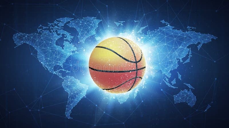 Basketball Ball flying in white particles on the background of blockchain technology network polygon world map. Sport competition concept for basketball tournament poster, placard, card or banner. Basketball Ball flying in white particles on the background of blockchain technology network polygon world map. Sport competition concept for basketball tournament poster, placard, card or banner.