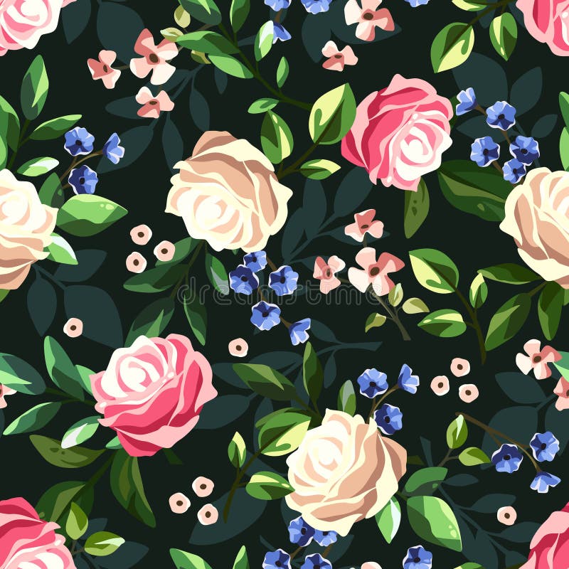 粉白蓝花的无缝花卉图案. 矢量花纹 向量例证