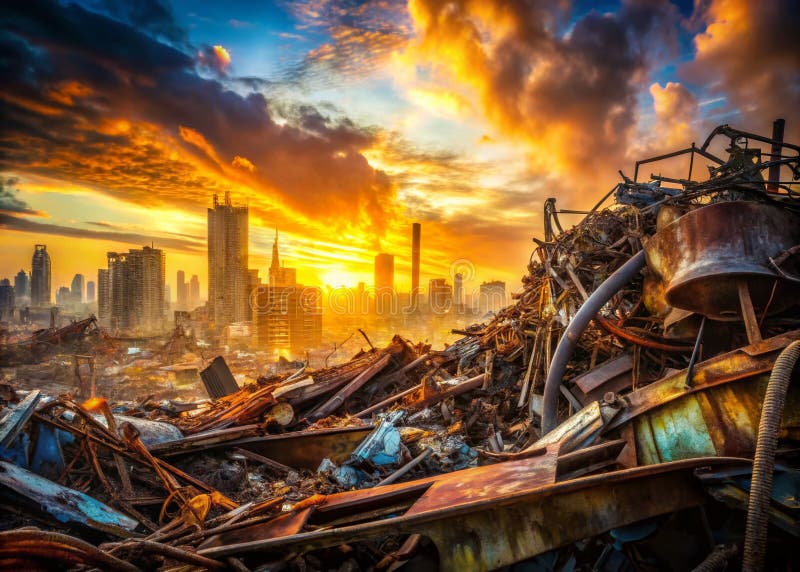 精巧的双曝光抽象废金属艺术，捕捉城市的衰败和回收的质感，令人惊叹的视觉 库存例证