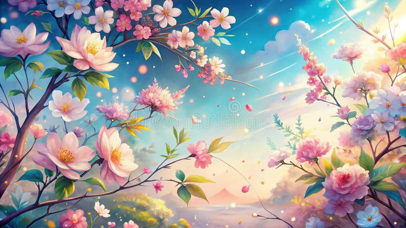 精美的花卉动画春天背景奇葩花插画浪漫的春天美 向量例证