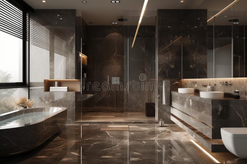 Sophisticated Black bathroom interior. Room mirror wall. Generate Ai AI generated. Sophisticated Black bathroom interior. Room mirror wall. Generate Ai AI generated