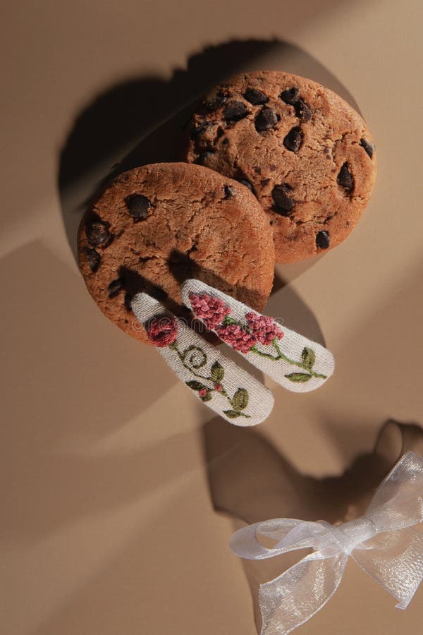 糖果背景中带刺绣的优雅手工发夹. 燕麦饼干与巧克力背景中的发夹 免版税图库摄影