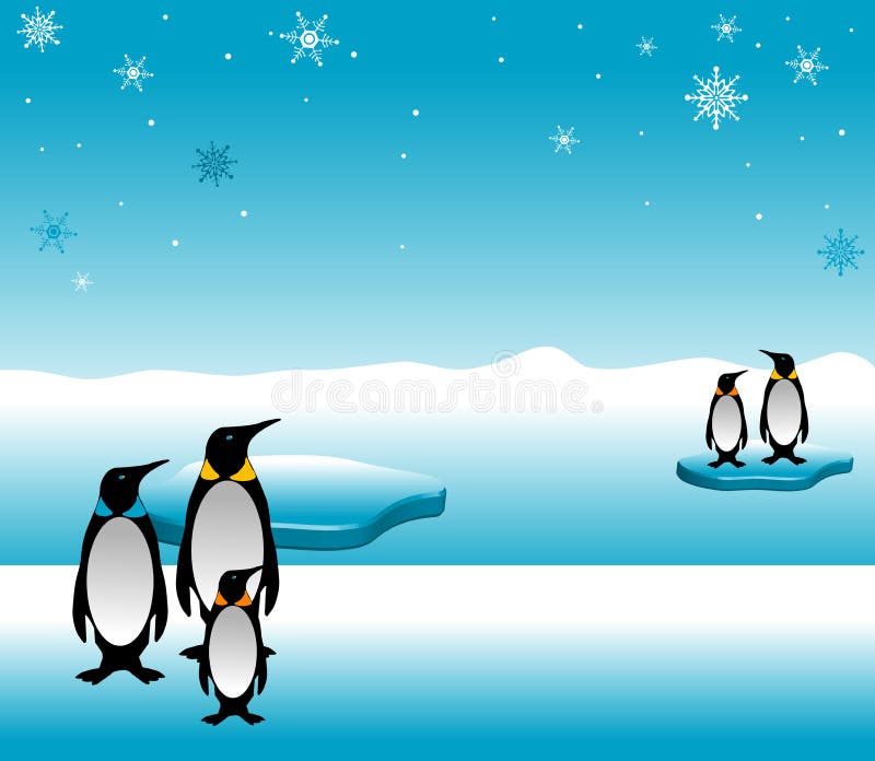 Colored background with abstract snowflakes and penguin family standing on ice. Colored background with abstract snowflakes and penguin family standing on ice