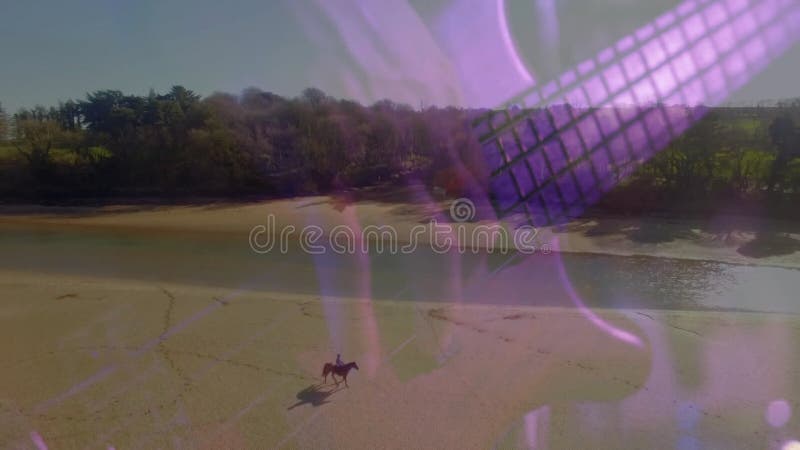 紫色网格手形代表技术的男骑行者沙滩 影视素材