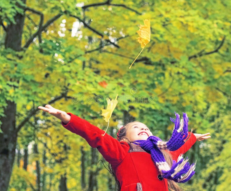 红色外套的小笑的俏丽的女孩在秋天公园投掷黄色叶子 免版税图库摄影 红色外套的小笑的俏丽的女孩在秋天公园投掷黄色叶子 免版税图库摄影