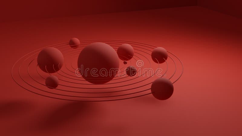 红色背景中围绕太阳系运行的3D行星 库存照片