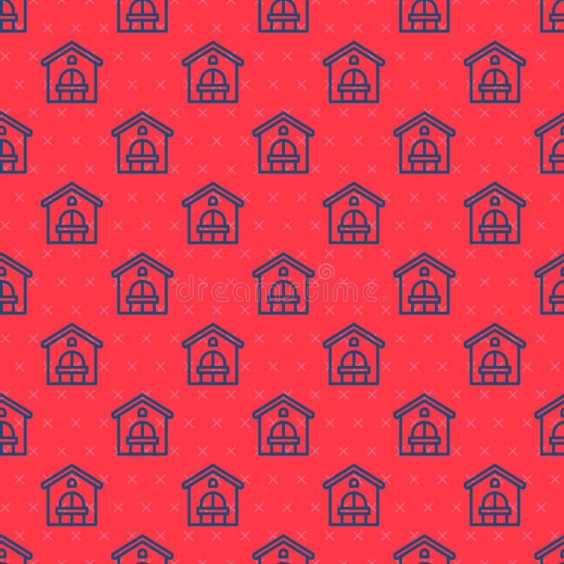 红色背景中突显的无缝图案的蓝线农场房屋图标. 矢量