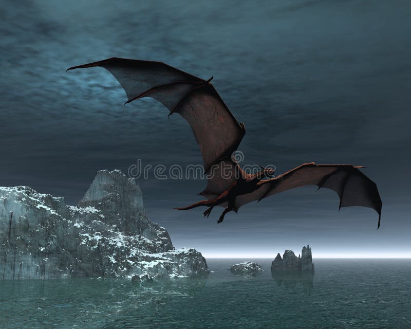 Red dragon flying over the sea and snow covered islands at night, 3d digitally rendered illustration. Red dragon flying over the sea and snow covered islands at night, 3d digitally rendered illustration