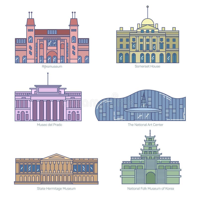 Monuments thin line vector icons. Amsterdam state museum, Somerset House, The National Art Center, State Hermitage Museum, National Folk Museum of Korea. Famous world museums. Monuments thin line vector icons. Amsterdam state museum, Somerset House, The National Art Center, State Hermitage Museum, National Folk Museum of Korea. Famous world museums.