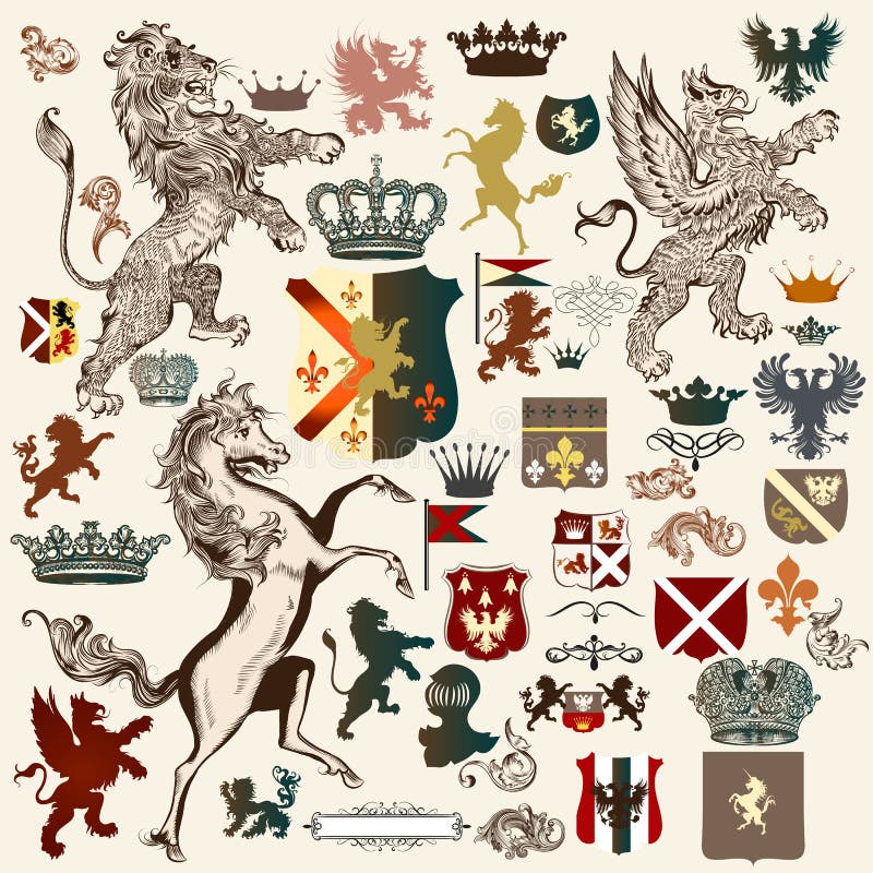 Collection of high detailed heraldic elements. Hand drawn lion, griffin, horse, shields, crowns, shapes and other elements. Collection of high detailed heraldic elements. Hand drawn lion, griffin, horse, shields, crowns, shapes and other elements