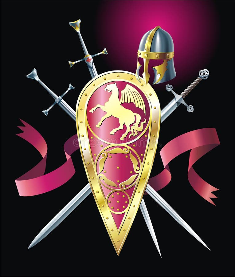 Medieval background with ribbon, swords, helmet and shield. Medieval background with ribbon, swords, helmet and shield