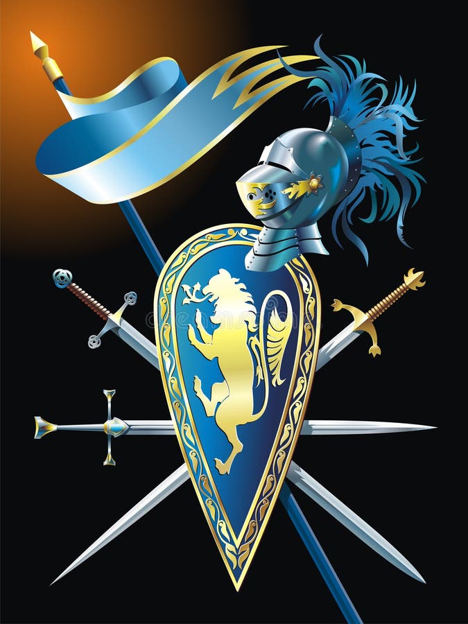 Heraldic composition with standard shield, swords and helmet. Heraldic composition with standard shield, swords and helmet