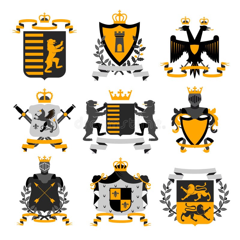 Heraldic coat of arms family crest and shields emblems golden black icons collection abstract isolated vector illustration. Heraldic coat of arms family crest and shields emblems golden black icons collection abstract isolated vector illustration