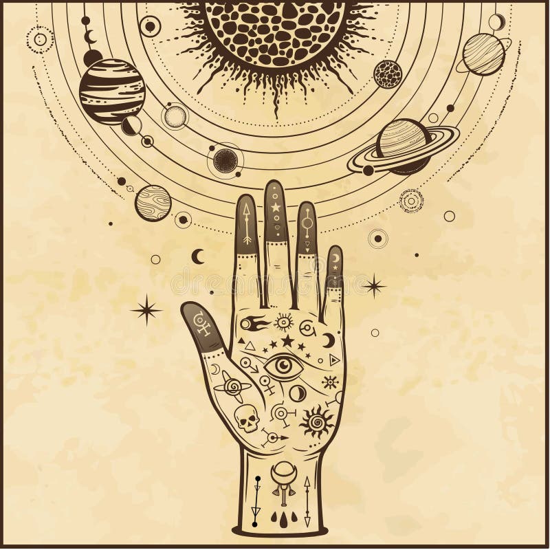 纹身人的手握着一个程式化的太阳系,宇宙的符号,恒星 向量例证