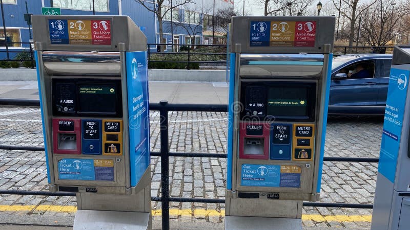 New York, NY, USA - May 2, 2020: Ticket issuing machines for select bus service SBS near Chelsea Piers in west Chelsea. New York, NY, USA - May 2, 2020: Ticket issuing machines for select bus service SBS near Chelsea Piers in west Chelsea