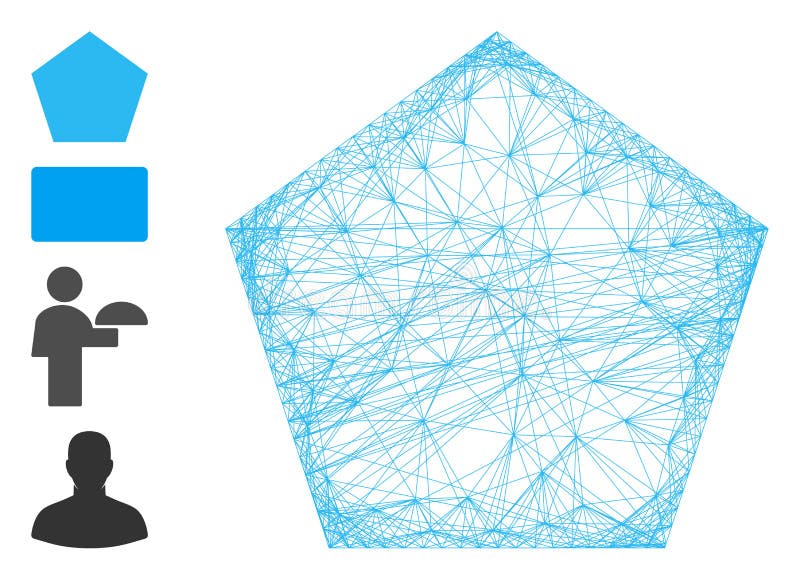 Vector wire frame filled pentagon. Geometric wire carcass 2D network made from filled pentagon icon, designed from intersected lines. Some bonus icons are added. Vector wire frame filled pentagon. Geometric wire carcass 2D network made from filled pentagon icon, designed from intersected lines. Some bonus icons are added