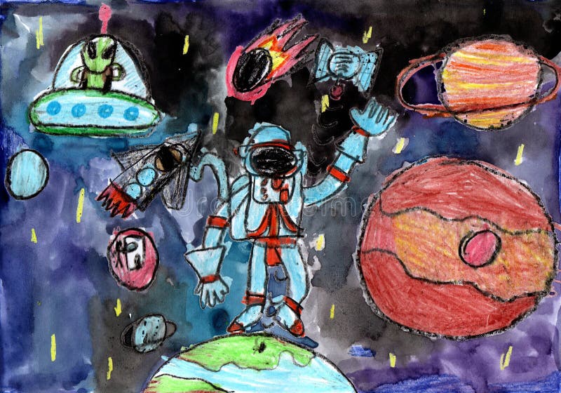 绘制太空行星的彩色儿童 库存照片