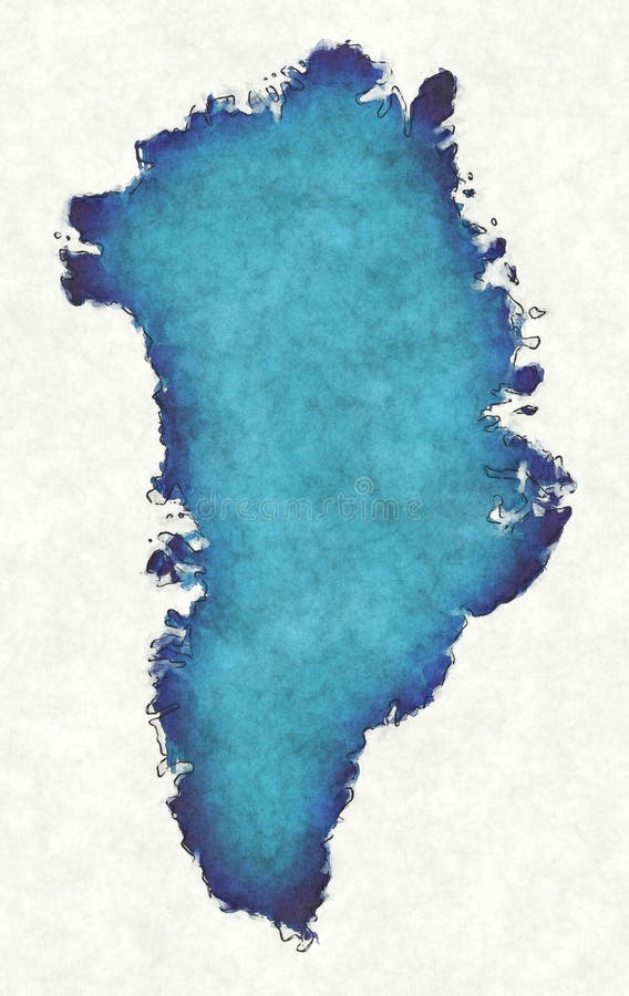 绘制线条和蓝水色插图的格陵兰地图 库存照片