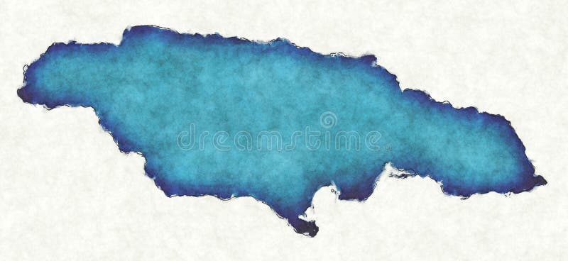绘制线条的牙买加地图和蓝色水彩插图 图库摄影