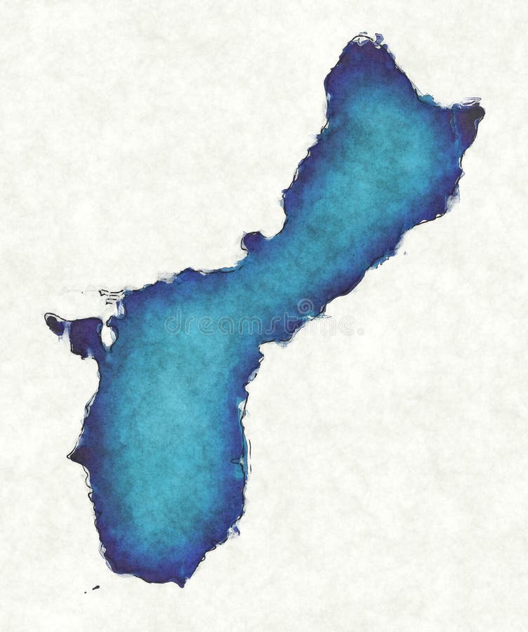 绘有线条的关岛地图和蓝水色插图 免版税图库摄影