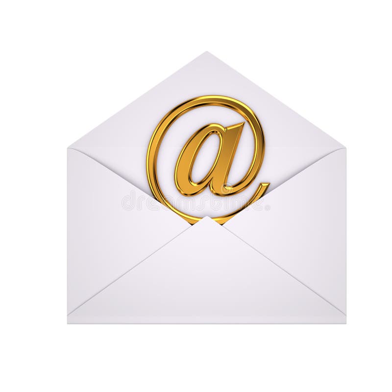 Open envelope with gold @ symbol. Open envelope with gold @ symbol