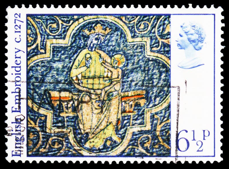 维尔京和孩子,圣诞节1976年-英国中世纪刺绣serie,大约1976年 免版税图库摄影 维尔京和孩子,圣诞节1976年-英国中世纪刺绣serie,大约1976年 免版税图库摄影