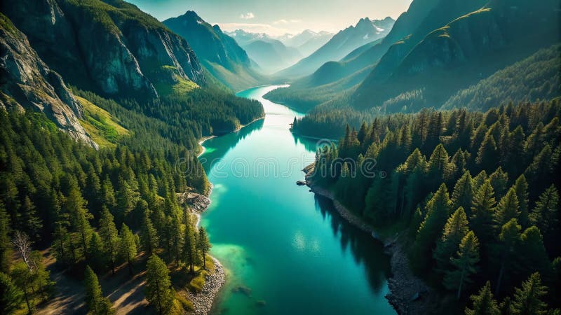 绿松石峡湾的壮丽空中全景，坐落在郁郁葱葱的挪威森林中，是一个令人惊叹的自然景观 库存例证