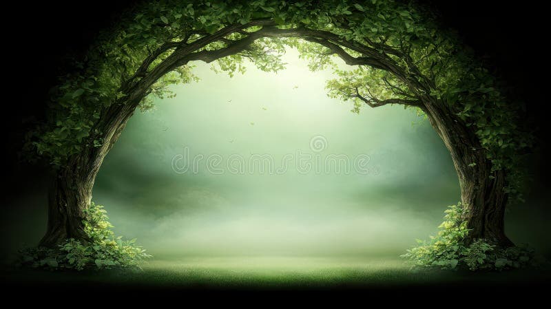 绿林神奇的自然小径上的阳光灿烂神秘拱门 皇族释放例证