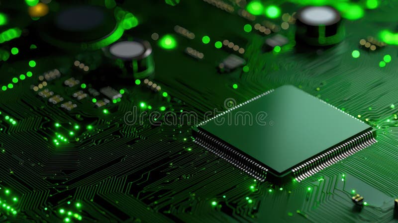 绿色电路板上的照明计算机芯片与现代技术及连接 向量例证