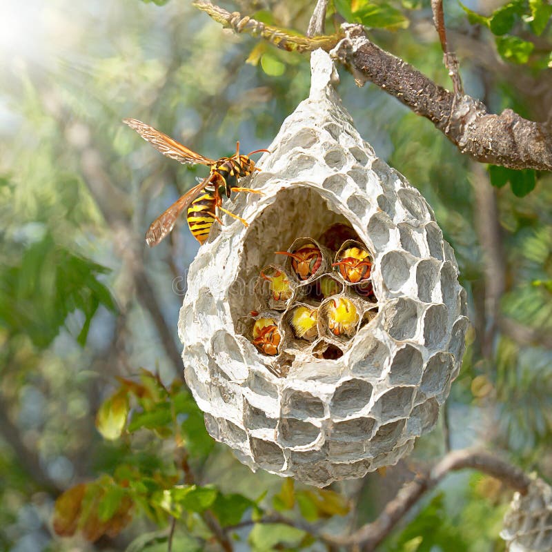 Wasp emerging from its nest on a tree, set against a blurred green backdrop. Generative Ai. Wasp emerging from its nest on a tree, set against a blurred green backdrop. Generative Ai