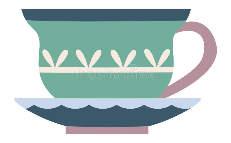 绿色茶杯，配有花卉装饰，位于深色背景的调料上，采用简单的平面设计，是早餐的理想选择 向量例证