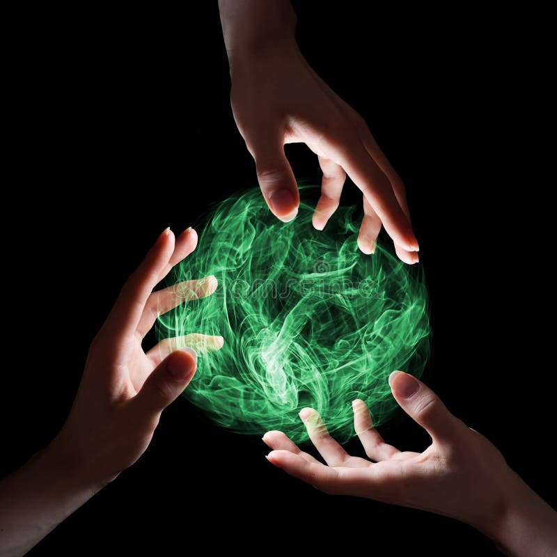 Emerald magical sphere held by three hands. Emerald magical sphere held by three hands.