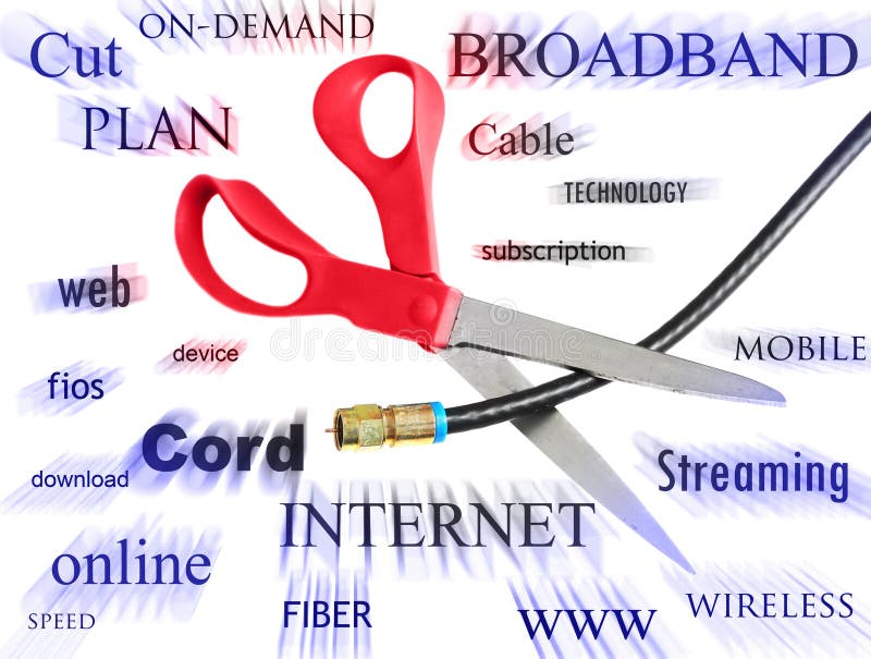 Scissors cutting through a coaxial cable - cut the cable tv concept. Scissors cutting through a coaxial cable - cut the cable tv concept