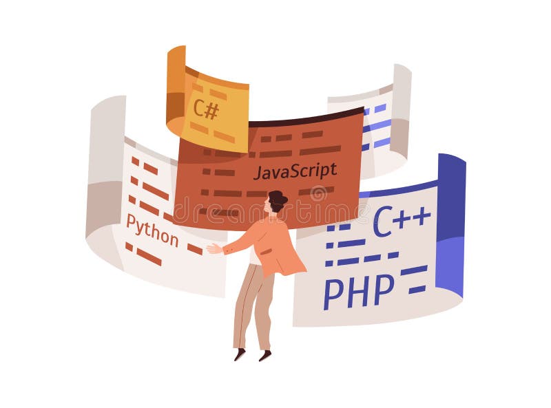 编码器和计算机语言. 使用java python c plus和php脚本的软件开发人员学生. 信息 库存例证