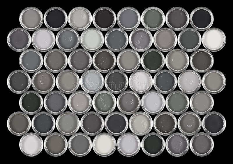 59 tins of paint/ink in various shades of grey, from warm to cool. On black background. 59 tins of paint/ink in various shades of grey, from warm to cool. On black background.