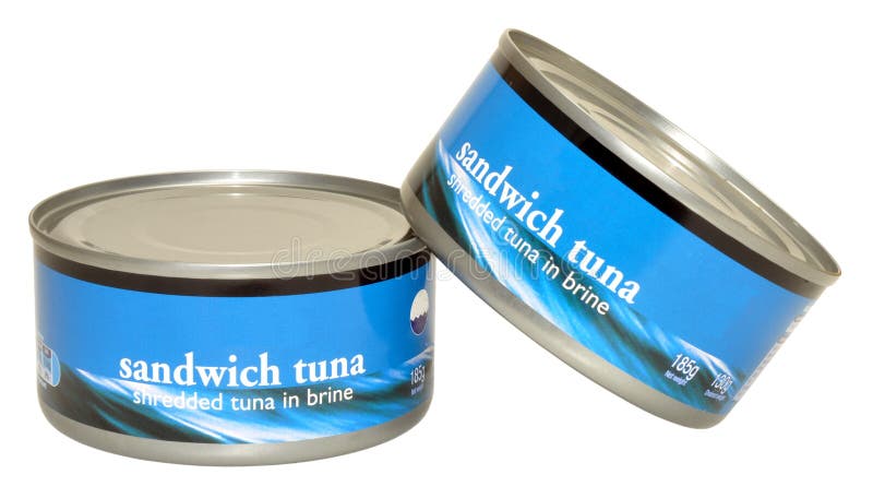 Two unopened tins of tuna fish in brine, isolated on a white background. Two unopened tins of tuna fish in brine, isolated on a white background.