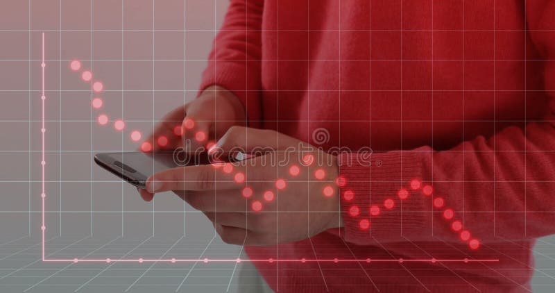 网上显示红色虚线业务数据趋势图的成年男性轻点轻触智能手机 股票录像