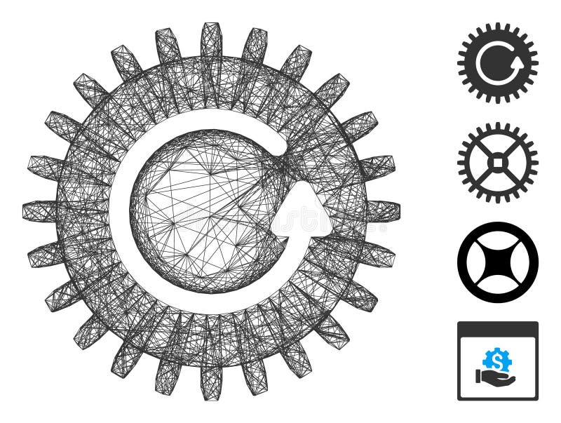 Vector net rotate cog. Geometric hatched carcass 2D net made from rotate cog icon, designed from intersected lines. Some bonus icons are added. Vector net rotate cog. Geometric hatched carcass 2D net made from rotate cog icon, designed from intersected lines. Some bonus icons are added.