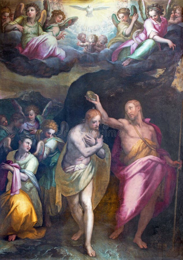罗马，意大利：基督绘画洗礼在教会基耶萨di Santissima Trinita dei Monti和圣约翰的浸礼会教友教堂 免版税库存图片