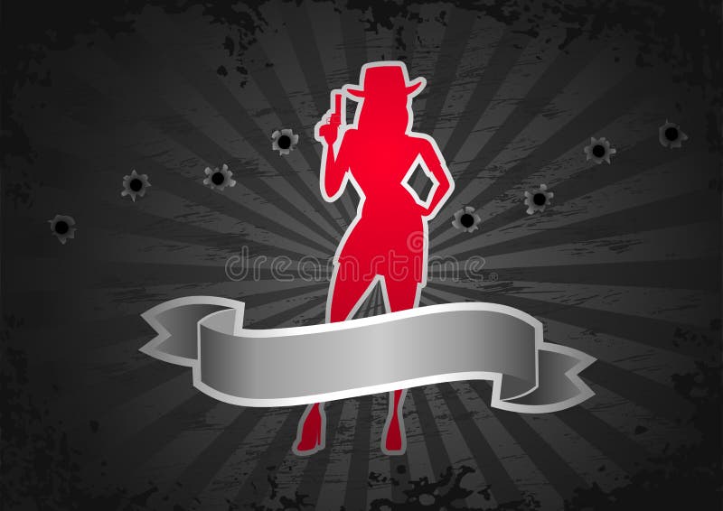 Silhouette of a gangster girl on the dark gray background with the bullet holes and scroll banner on the foreground. Silhouette of a gangster girl on the dark gray background with the bullet holes and scroll banner on the foreground