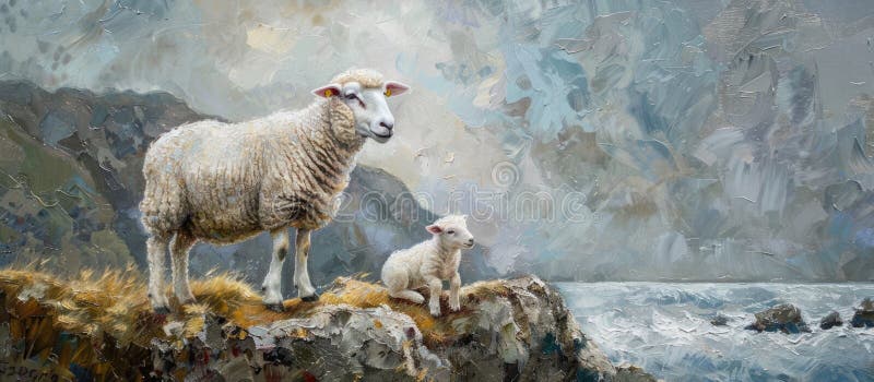 A painting depicting an adult sheep and a lamb standing on a cliff in Llangrannog, Wales. AI generated. A painting depicting an adult sheep and a lamb standing on a cliff in Llangrannog, Wales. AI generated
