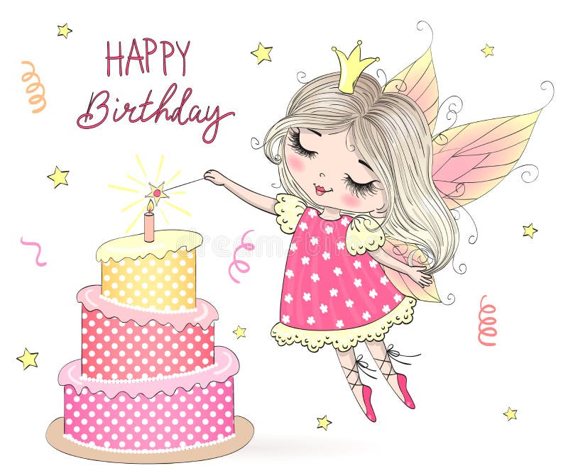 美丽,逗人喜爱,小神仙的女孩公主与大蛋糕和题字生日快乐 r 皇族释放例证 美丽,逗人喜爱,小神仙的女孩公主与大蛋糕和题字生日快乐 r 皇族释放例证