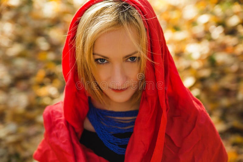 美丽的年轻端庄的妇女佩带的象牙披肩在秋天天 免版税库存图片 美丽的年轻端庄的妇女佩带的象牙披肩在秋天天 免版税库存图片