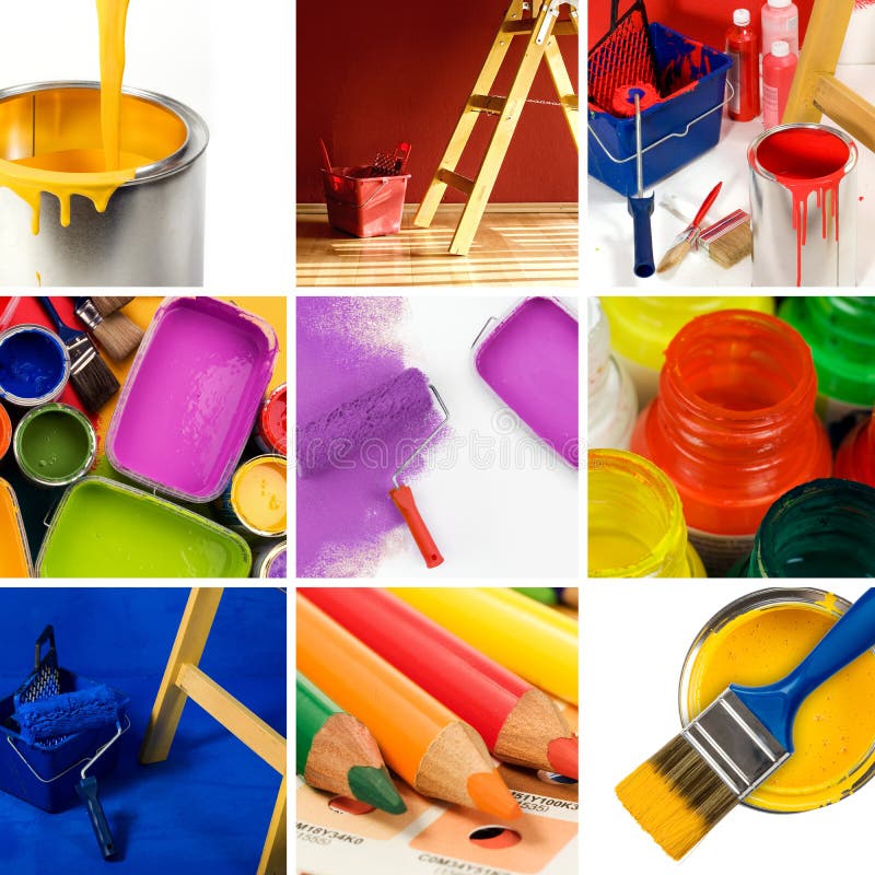 Coloured Pencils, Opened paint buckets colors, magenta paint roller, Paint brush and paint can, ladder roller brush bucket. Coloured Pencils, Opened paint buckets colors, magenta paint roller, Paint brush and paint can, ladder roller brush bucket