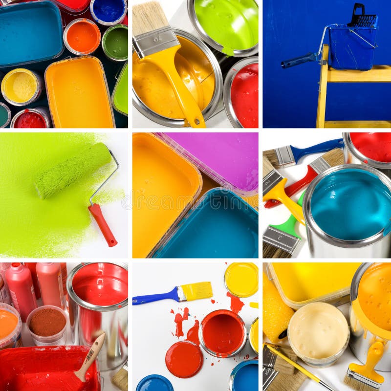 Opened paint buckets colors, green paint roller, Paint brush and paint can, ladder roller brush bucket. Opened paint buckets colors, green paint roller, Paint brush and paint can, ladder roller brush bucket