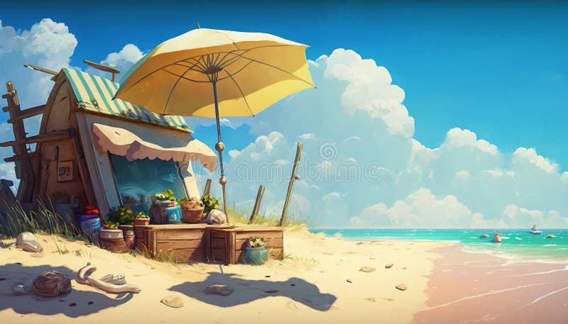 美丽的夏日海滩上的小水果店 库存例证